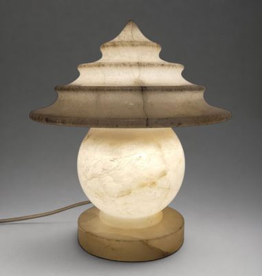 an image of a lamp with a wooden base and a white lamp shade