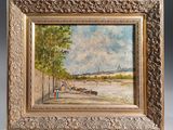 un tableau représentant une scène fluviale avec des bateaux sur l'eau