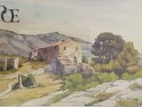 une aquarelle représentant une maison sur une colline