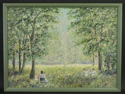 F. BRENAS (XXe): "Jeux dans la clairière", huile sur toile, …