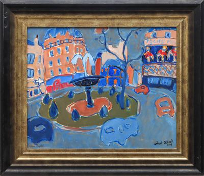 painting of a city scene with a fountain and buildings in the background