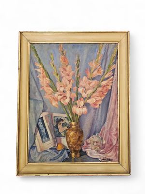 a painting of pink flowers in a gold vase on a table
