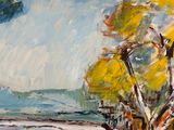 une peinture à l'huile représentant un tableau où l'on voit une rivière et des arbres