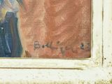 a painting of a woman in a blue dress looking out of a window