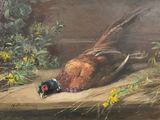 a painting of a pheasant on a ledge with flowers
