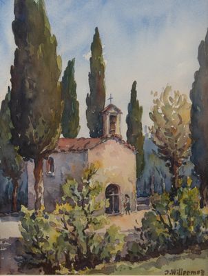 une image représentant un tableau d'une église entourée d'arbres