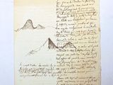 an old handwritten letter on a piece of paper with a mountain in the background