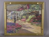 an oil painting of a woman walking down a path in a flower market