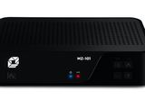 a close up of a black tv box on a white background