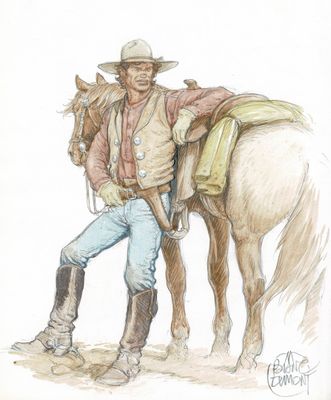 drawing of a cowboy with a horse in the desert
