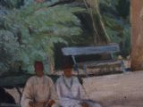painting of two men sitting on a bench under a palm tree