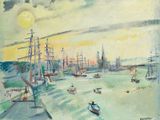 tableau représentant un tableau de bateaux sur un plan d'eau