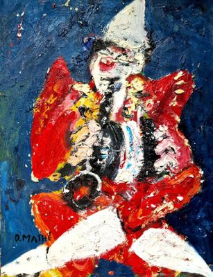 une image représentant un tableau où l'on voit un clown assis sur une table