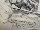 drawing of a man sitting in a small airplane with a propeller