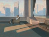a painting of a man sitting in a chair in front of a window