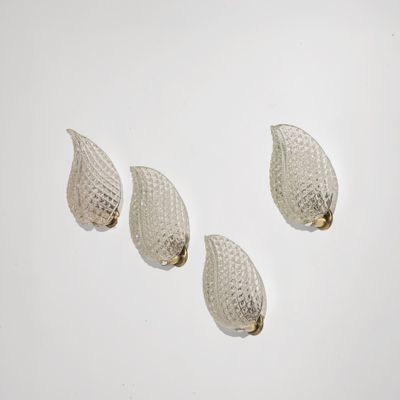 quatre coquilles en verre sont disposées en rangée sur une surface blanche