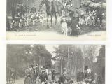 two black and white pictures of people and animals