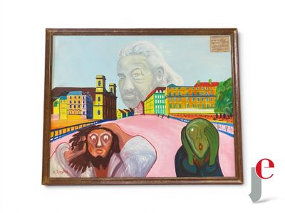 un tableau représentant un homme et une femme sur un pont