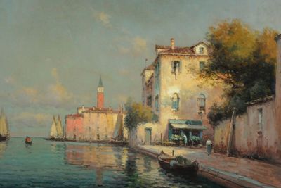 a painting of a boat in the water near a building