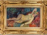 an image of a painting of a woman laying down on a couch