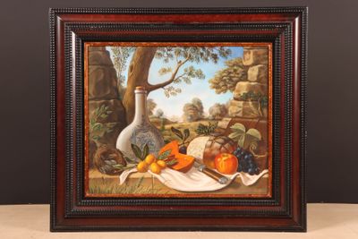 painting of a still life with fruit and a vase on a table