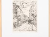 a black and white drawing of a city street with buildings