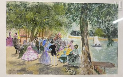a painting of a group of people sitting on a bench