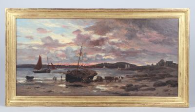 an oil painting of boats on a beach near a body of water
