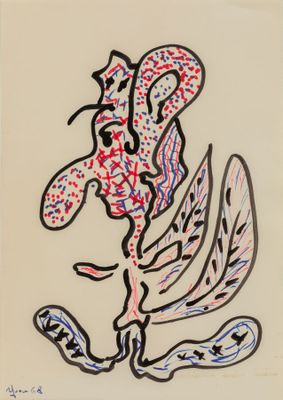 dessin représentant un oiseau aux plumes rouges et bleues sur fond blanc