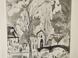 drawing of a black and white picture of a bridge over a river