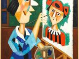 un tableau représentant une femme en train de peindre un tableau sur un chevalet