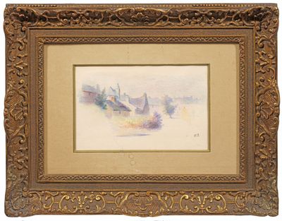 a painting of a landscape with buildings and trees in a gold frame