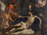 an image of a painting of jesus on the cross being taken from the body of an angel