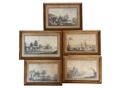 four framed pictures of a farm scene with a windmill and farm buildings
