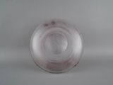 a clear glass vase with a pink design on it