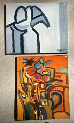 three paintings on a wall in a room with a chair and a table