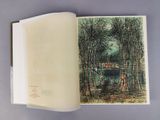 an open book with a picture of a man and a dog in the woods