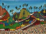 a painting on the wall of a beach with many people