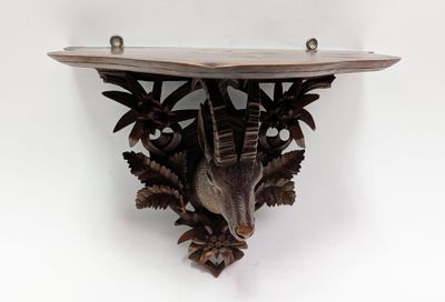 a bird that is sitting on a shelf on the wall