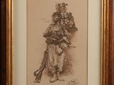 a drawing of a man with a hat and a cane