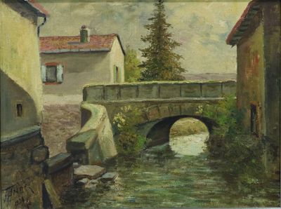 un tableau représentant un pont enjambant une rivière dans une ville