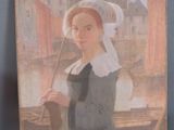 tableau représentant une femme coiffée d'un bonnet et tenant un bâton