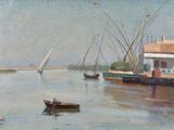 a painting of a boat on the water with a house in the background