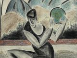 dessin représentant une femme assise par terre, tenant un globe terrestre