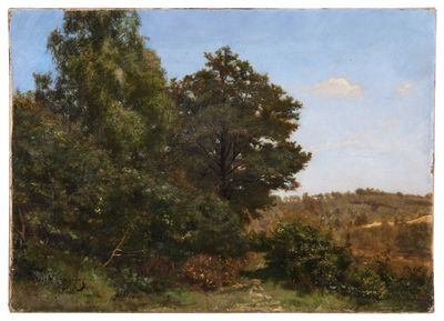 l'image d'une peinture d'un champ avec des arbres en arrière-plan