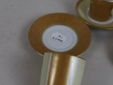 three cups and saucers sitting on a table