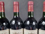 several bottles of wine are lined up on a table