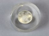 a silver coin in a clear glass bowl on a table