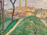 une peinture à l'huile représentant un homme descendant une colline verdoyante à vélo