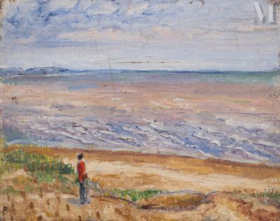 une peinture à l'huile représentant un homme debout sur une plage au bord d'un plan d'eau